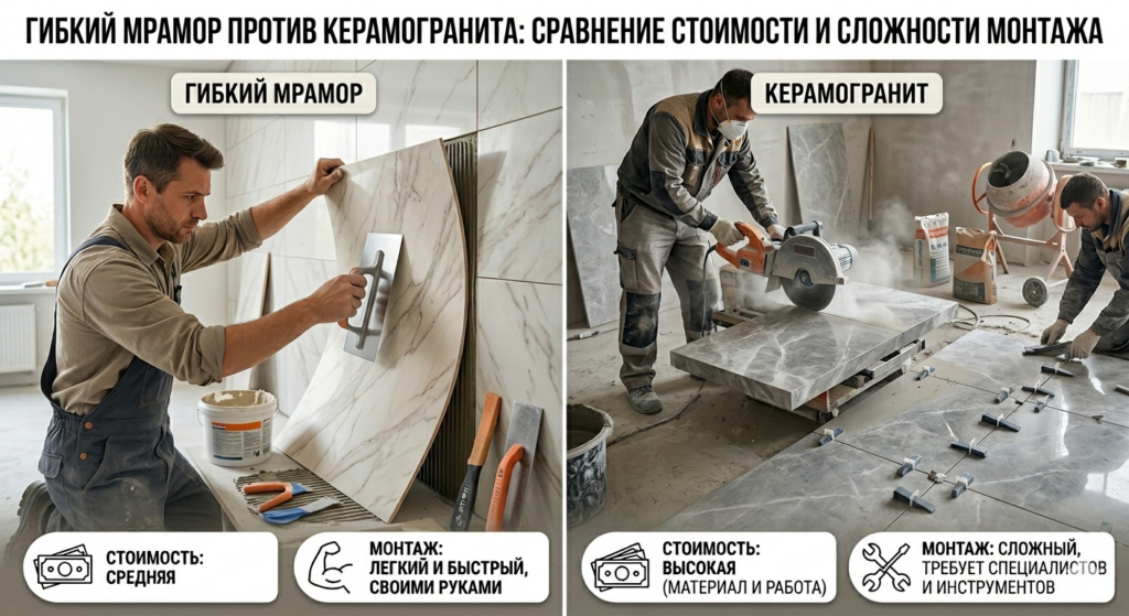 Гибкий мрамор против керамогранита: сравнение стоимости и сложности монтажа