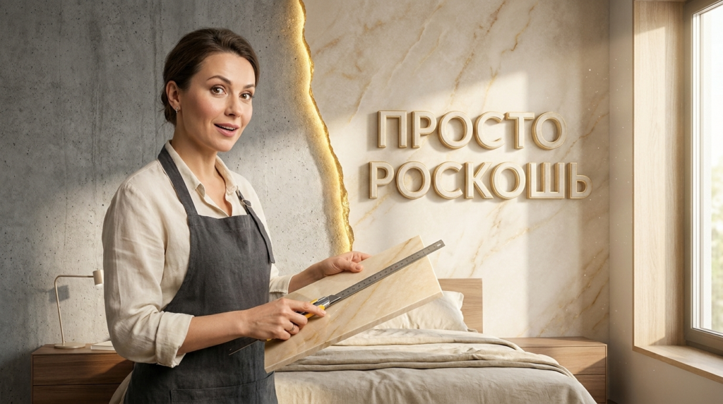 Изображение спальни с использованием гибкого мрамора на стенах или акцентной зоне, демонстрирующее роскошный и современный дизайн интерьера, выполненный бюджетно.