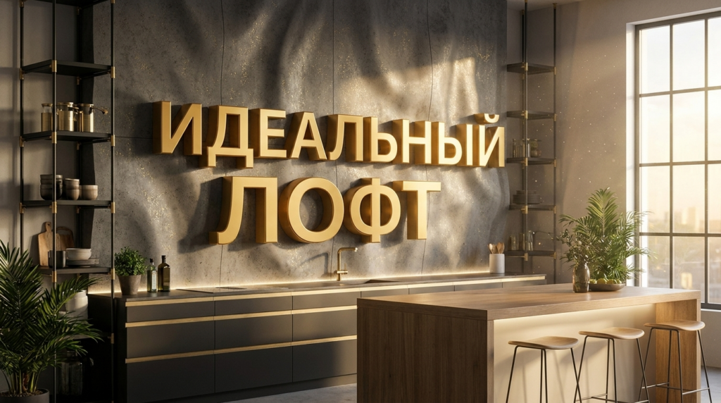 Современный интерьер кухни в стиле лофт с элементами из гибкого бетона, демонстрирующий его эстетику и практичность. Показаны текстуры и варианты применения материала.