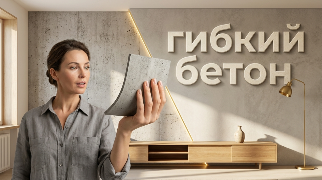 Мастер наносит гибкое покрытие на стену, имитируя текстуру необработанного бетона для современного интерьера без капитального ремонта